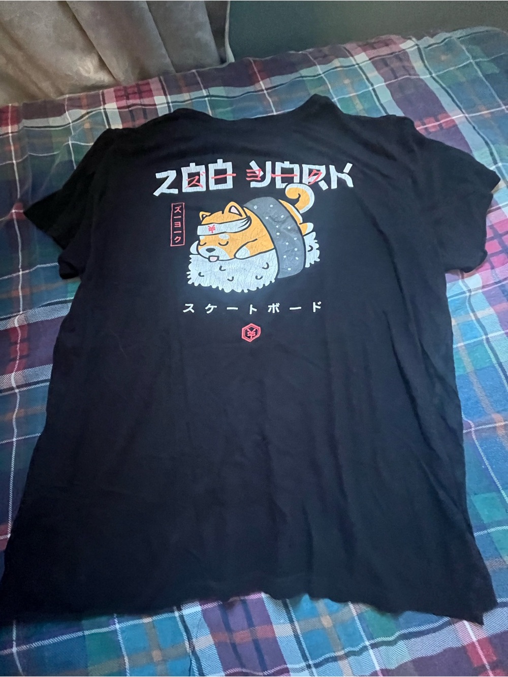 Zoo York Black Graphic Tee with Orange & White Shiba Inu Sushi Design